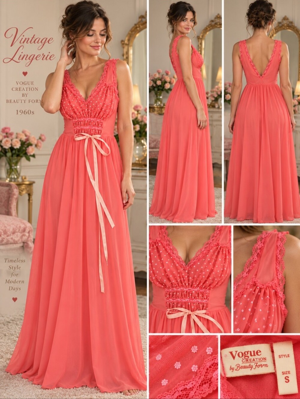 Vintage 1960s Coral Pink Nylon Nightgown | Vogue Creation by Beauty Form Small